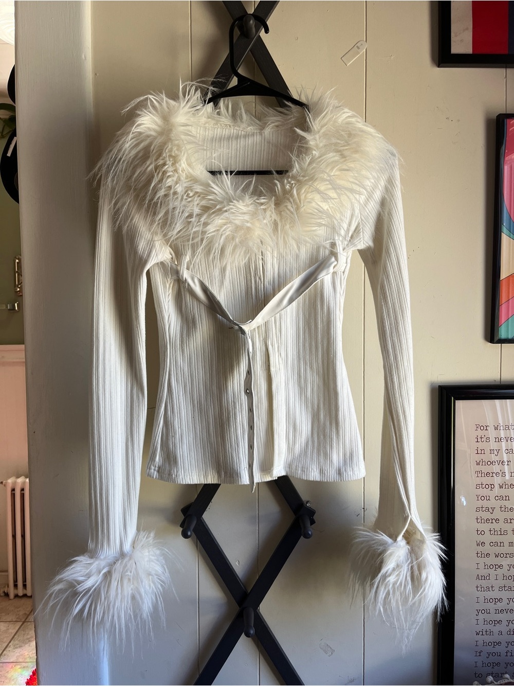 White Faux-Fur Trim Ribbed Button-Front Jacket